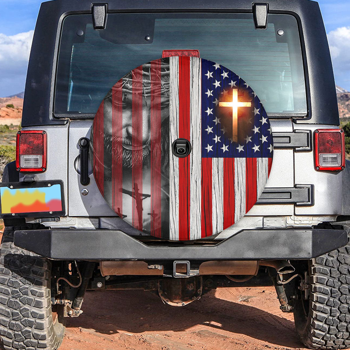 Petthouse | Jesus Grunge Usa Flag Spare Tire Cover God Believer Gifts Farmhouse Style Wheel Covers