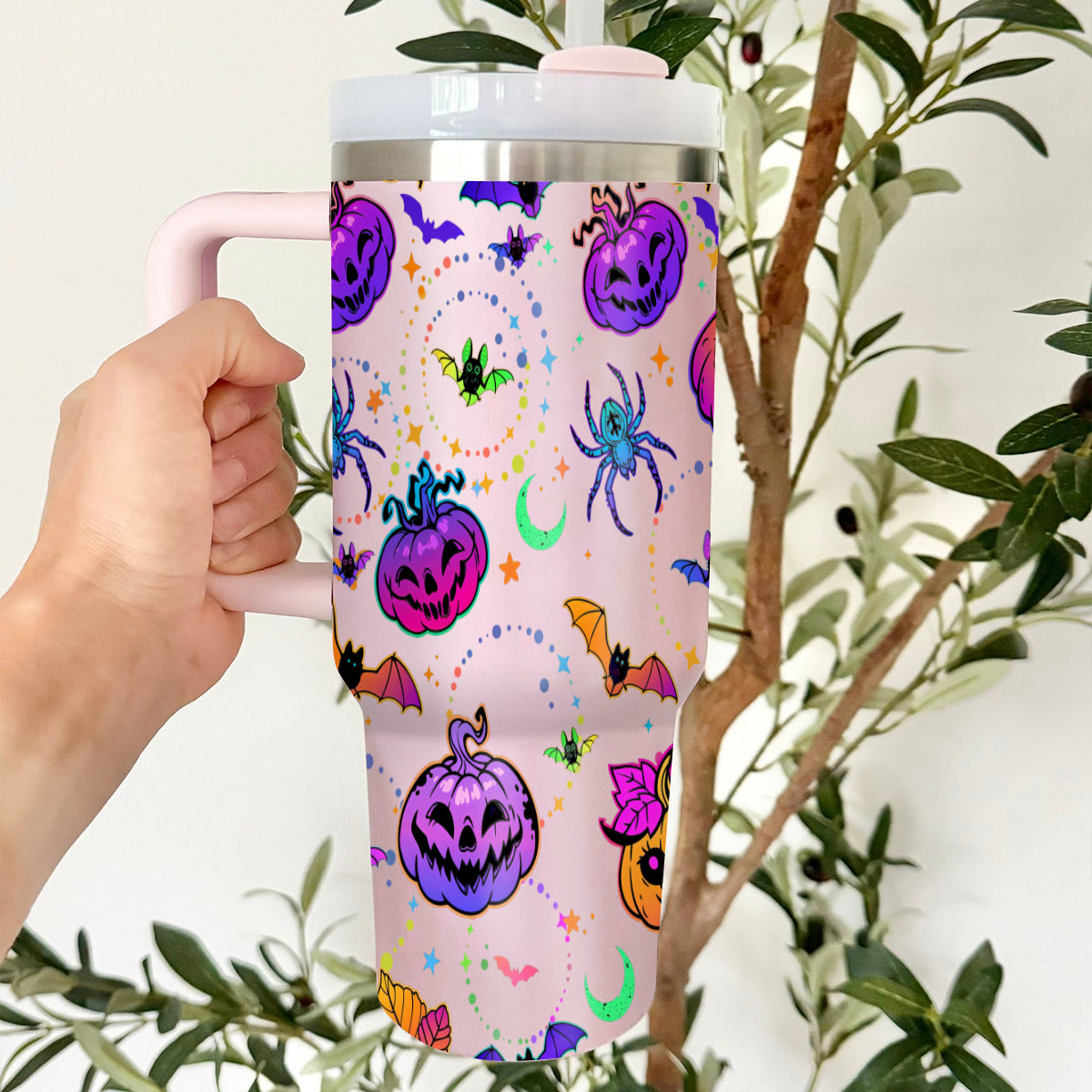 Petthouse | Bat And Pumpkin Halloween Tumbler 40oz, Spooky Tumbler, Mystic Hippie Tumbler, Cute Spooky