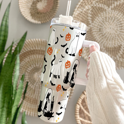 Petthouse | Сute Ghost Cat Halloween Tumbler 40oz, Ghost Cat, Spooky Black Cat Stainless Steel Cup