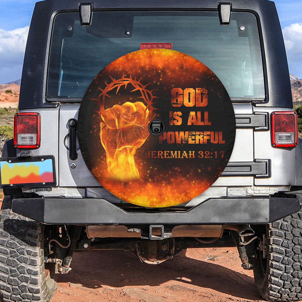 Petthouse | Fiery Fist Tire Wheel Protector God Is All Powerful Christian Gifts Spare Tire Cover