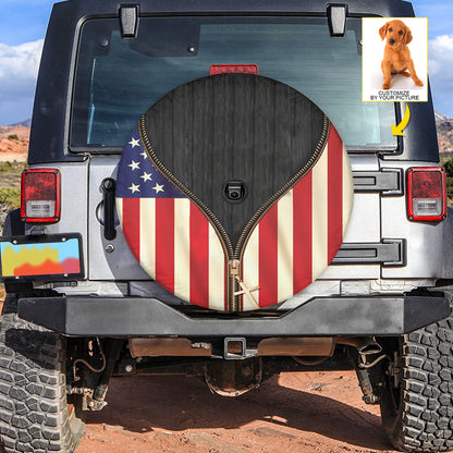 Petthouse | Customized Photo Golden Retriever Spare Tire Cover American Flag Tire Protector Patriot Theme