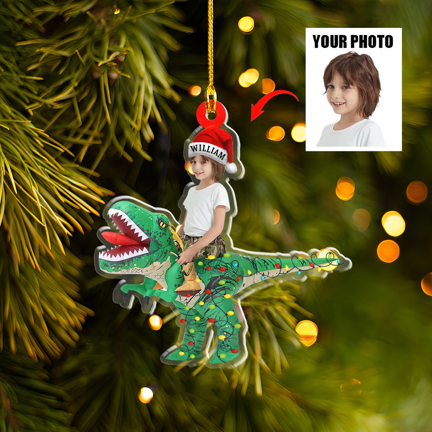 Petthouse | Personalized Baby Photo Name Christmas Ornament, Cute Kid Riding Dinosaur 2d Flat Xmas Ornament