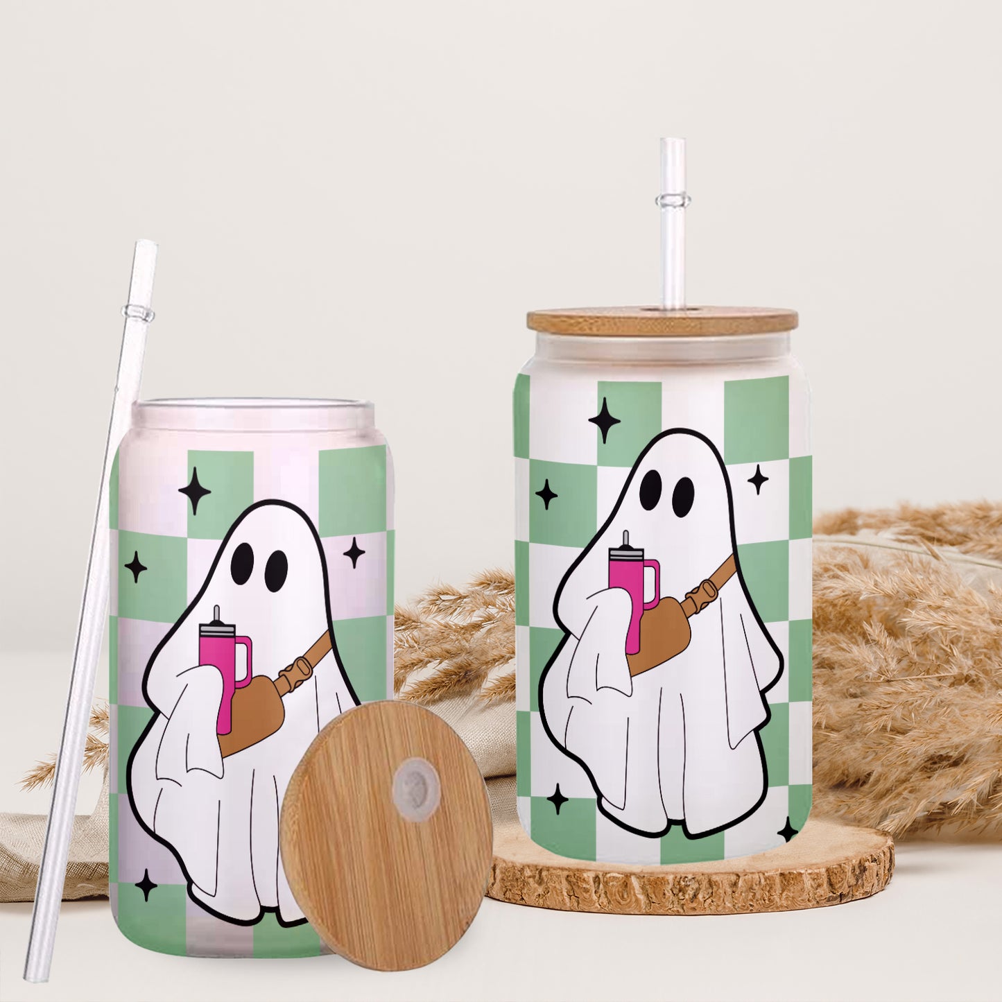 Petthouse | Ghost Halloween Glass Can, Spooky Vibes checkerboard Ghost Glass, Checkered Ghost Coffee