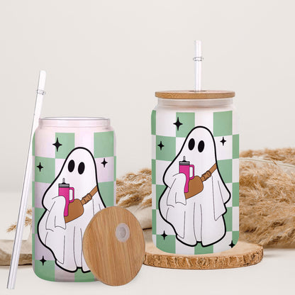 Petthouse | Ghost Halloween Glass Can, Spooky Vibes checkerboard Ghost Glass, Checkered Ghost Coffee