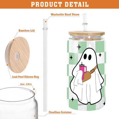 Petthouse | Ghost Halloween Glass Can, Spooky Vibes checkerboard Ghost Glass, Checkered Ghost Coffee