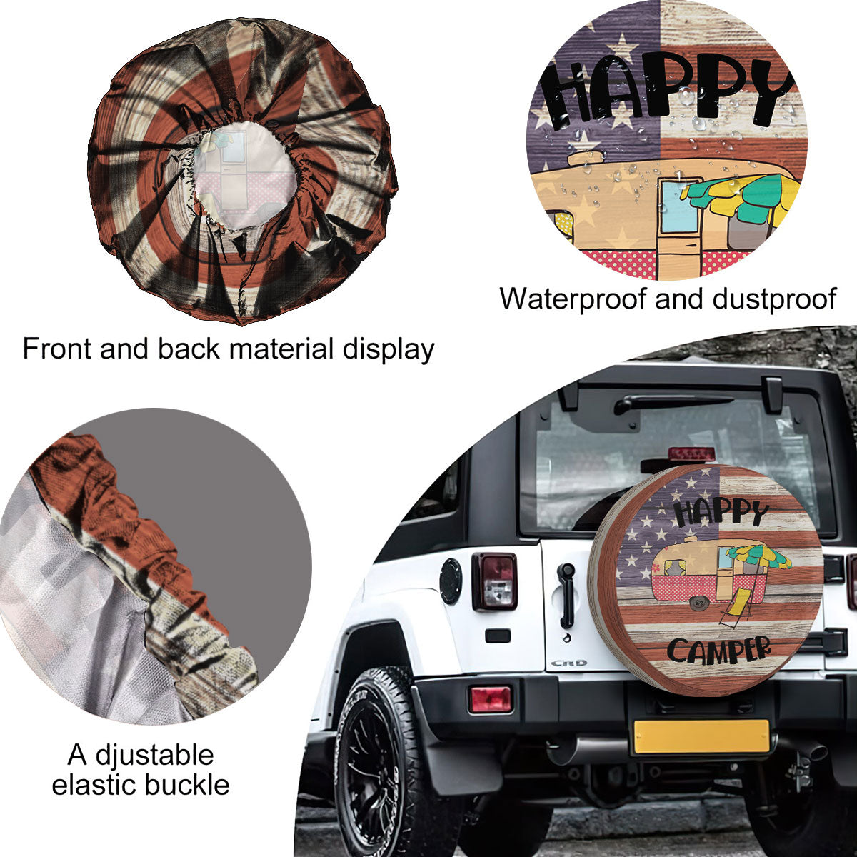 Petthouse | Happy Camper Spare Wheel Tire Cover Caravan Camping Trailer Wheel Cover Grunge American Flag