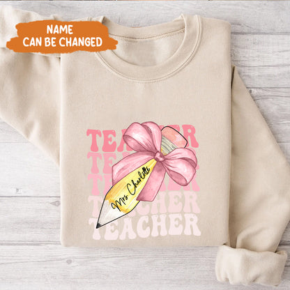 Petthouse | Custom Teacher Pencil Coquette Bow Shirt, Teach Love Inspire Techer Back To School