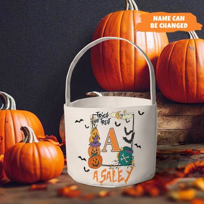 Petthouse | Custom Name Halloween Candy Bag For Kids, Fabric Basket, Pumpkin Trick Or Treat Bucket For Kids