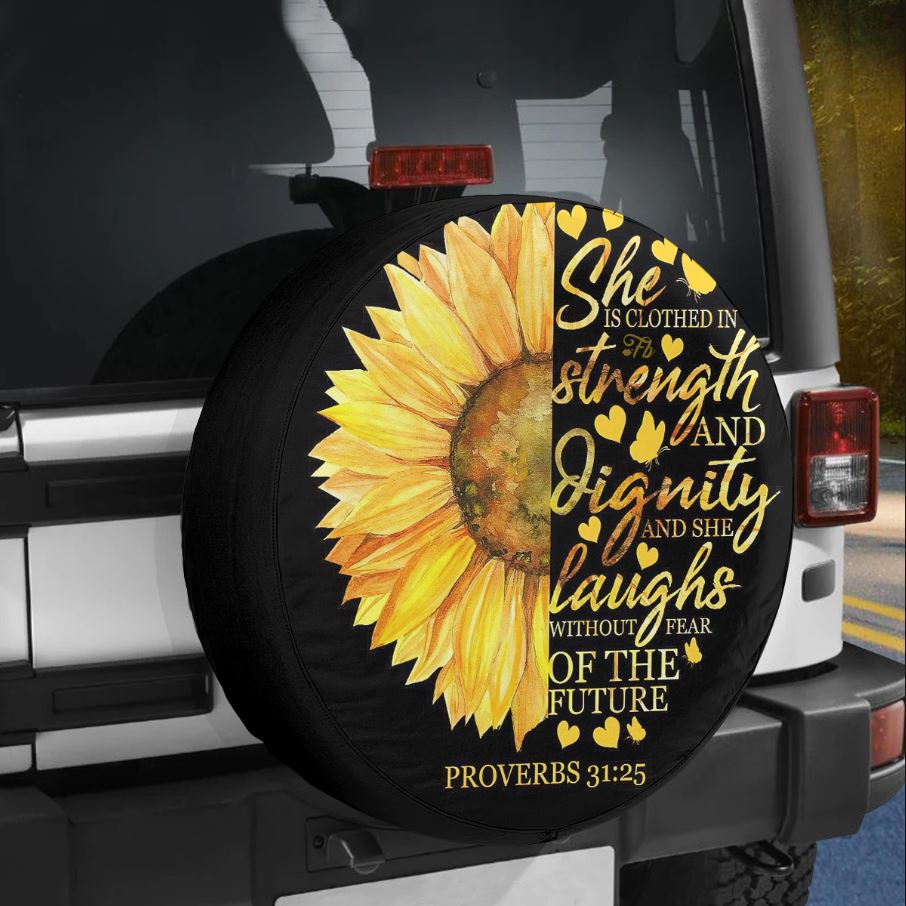 Petthouse | She Is Clothed In Strength Cover Sunflower Tire Cover Sunflower Oil Painting Wrap Car Tire Decor