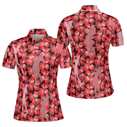 Petthouse | Red Hibiscus Floral Pattern Polo Shirt, Golf Player Women Grandma Mothers Day Golfer Gift