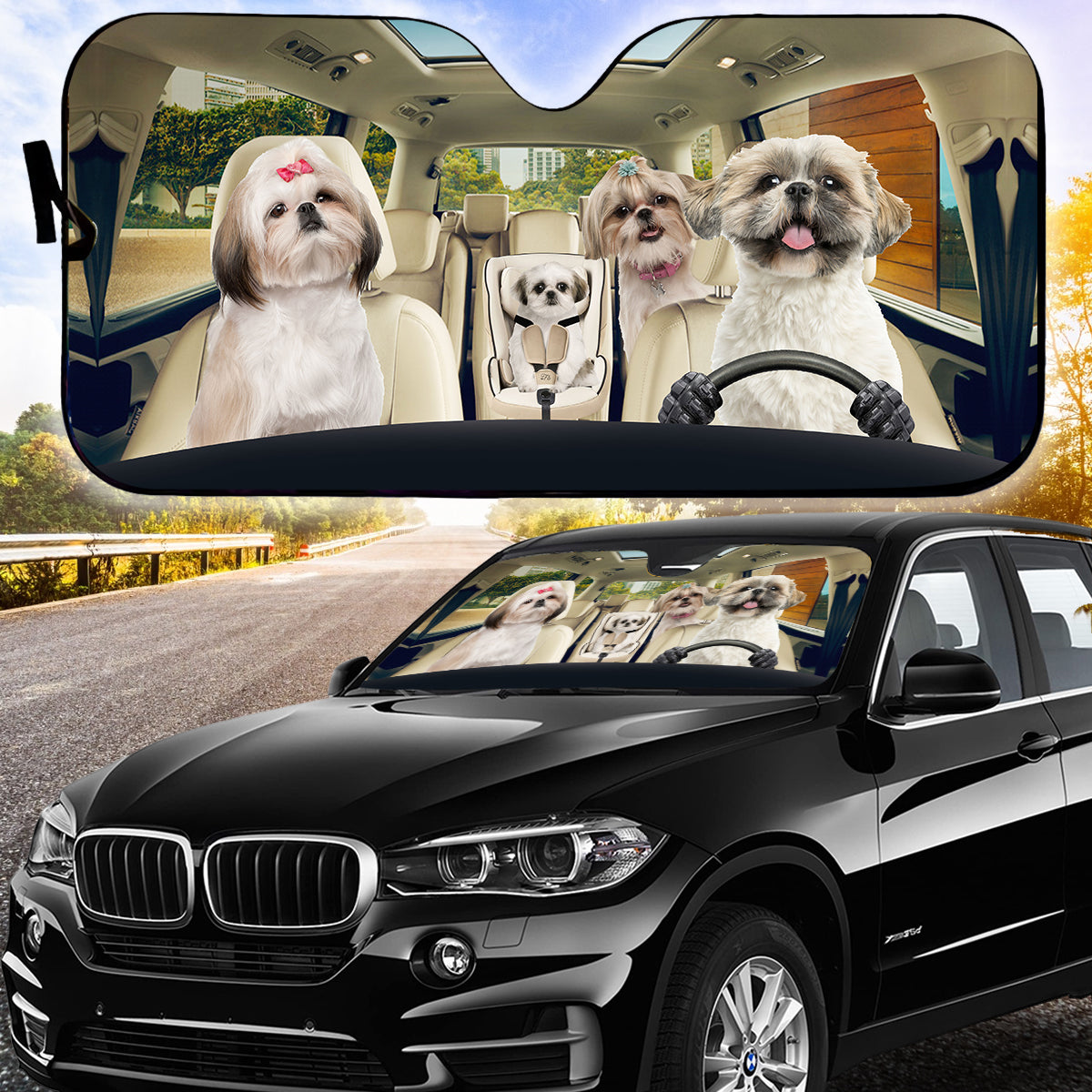 Petthouse | Shih Tzu Family Car Windshield Sunshade Dog On Vacation Car Driving Windshield Dog Lover Gifts