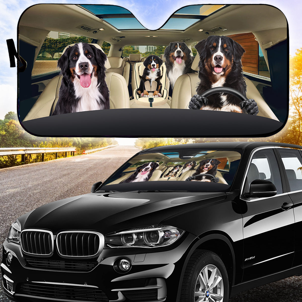 Petthouse | Bernese Mountain Family Driving Car Sunshades Dog Lovers Car Sun Visors For Windshield