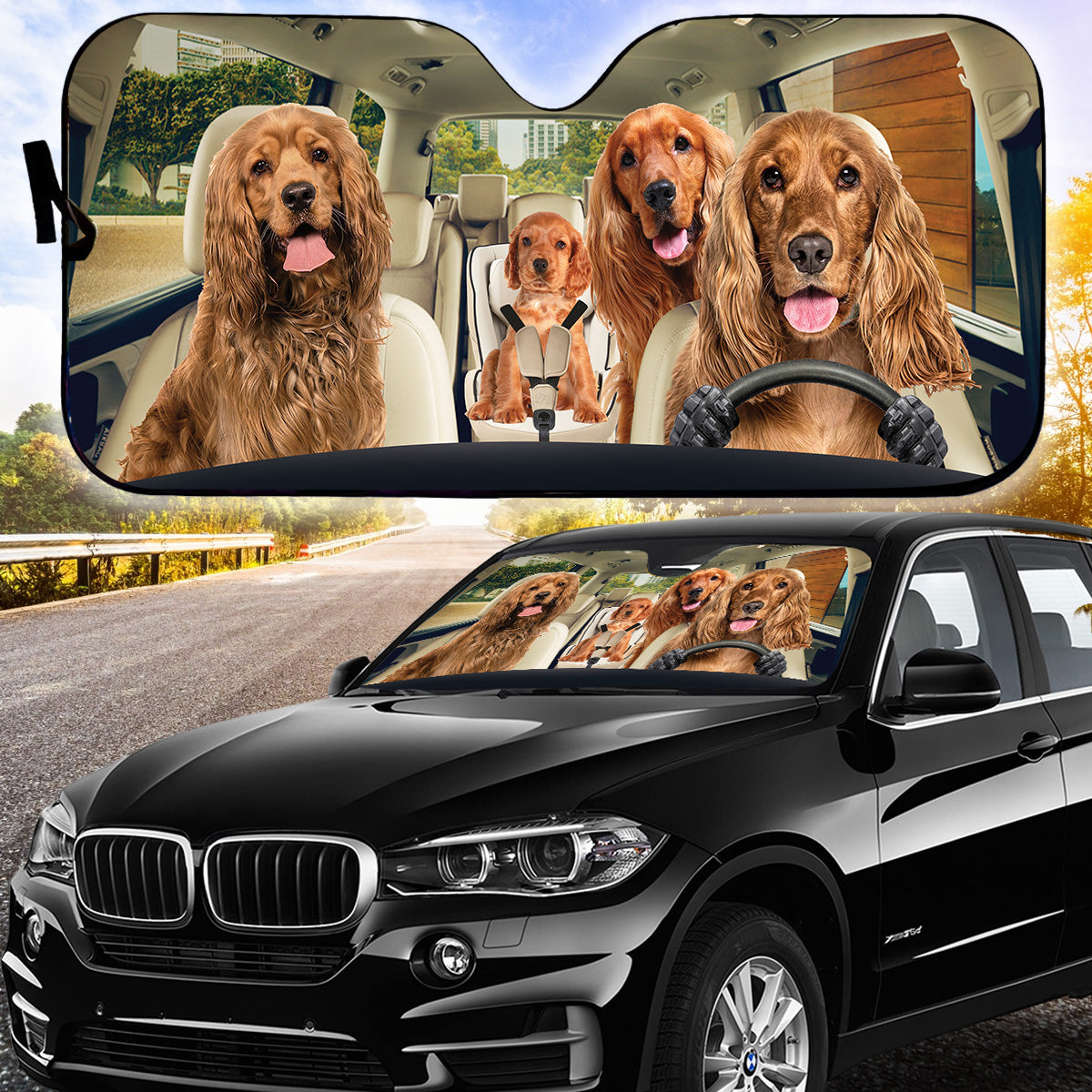 Petthouse | Red Golden English Cocker Spaniel Dog Family Car Sunshade Puppies Driver Funny Decor Golde