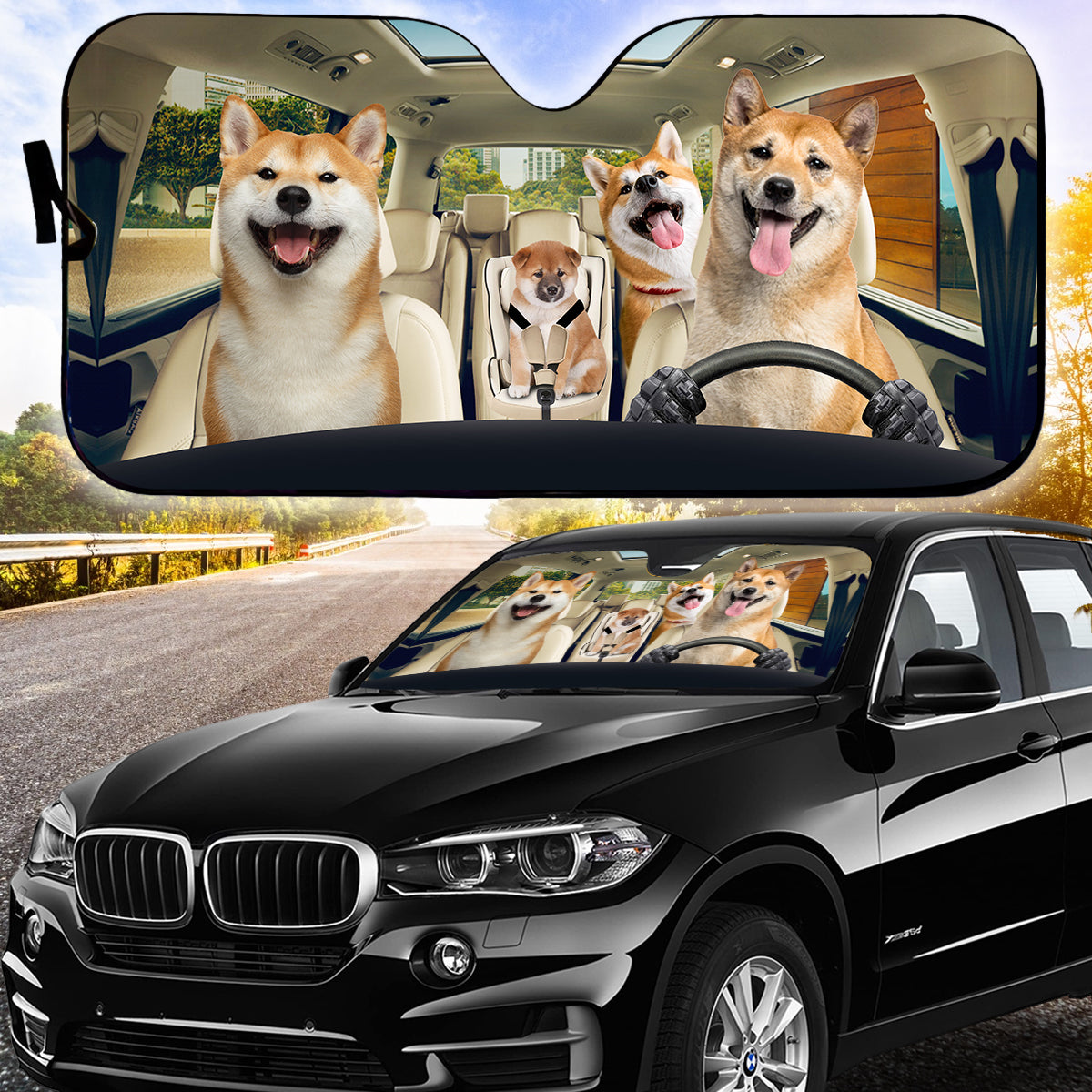 Petthouse | Shiba Inu Family Printed Car Sunshade Shiba Printed Auto Decoration Puppies Shiba Fans Gift