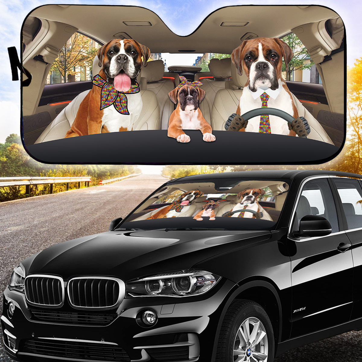 Petthouse | Boxer Dog Sunshade Autism Awareness Car Windshield Dog Family Auto Shade Protectors