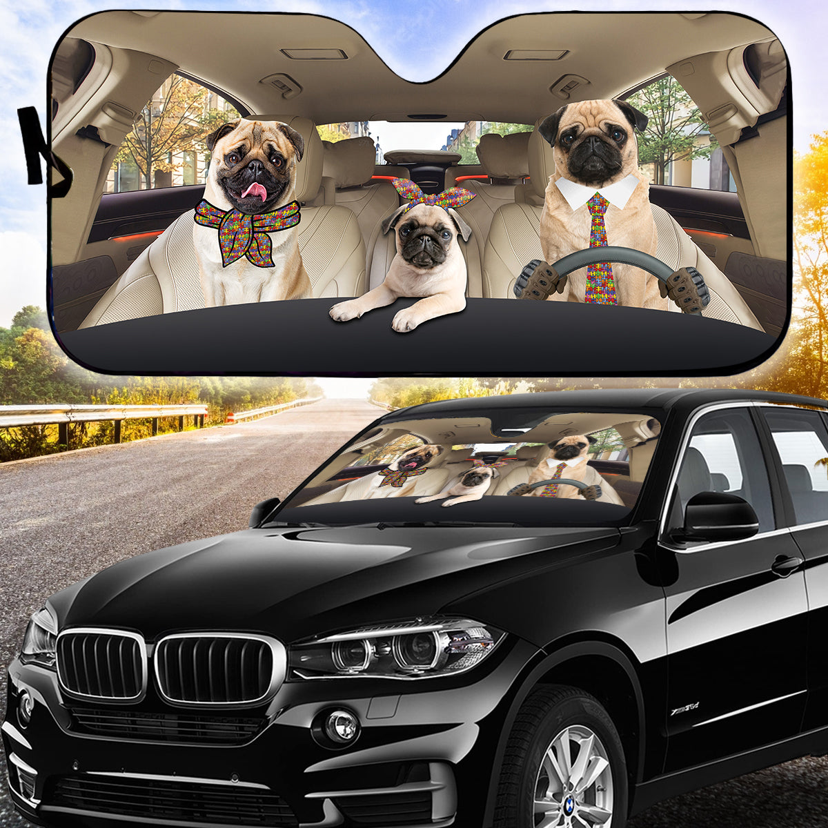 Petthouse | Funny Pug Dog Driving Car Front Windshield Car Sun Shade Autism Awareness Sun Visor