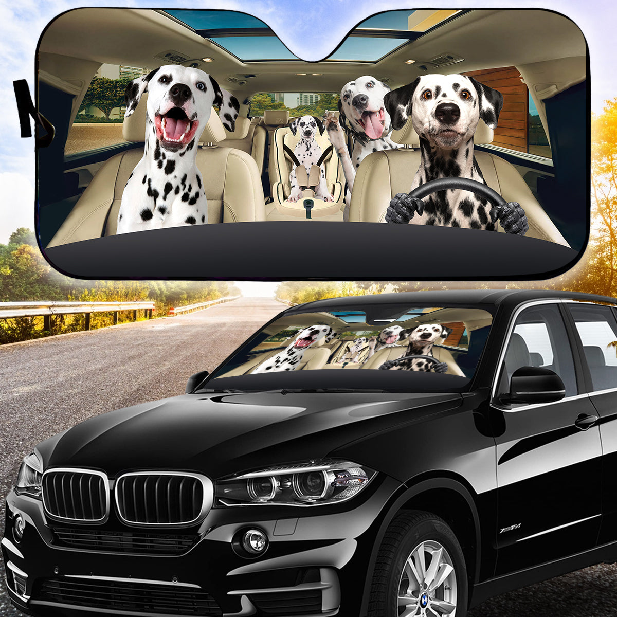 Petthouse | Dalmatian Dog Car Sun Shade Family Dog Car Windshield Pet Lover Car Window Cover Car Decor