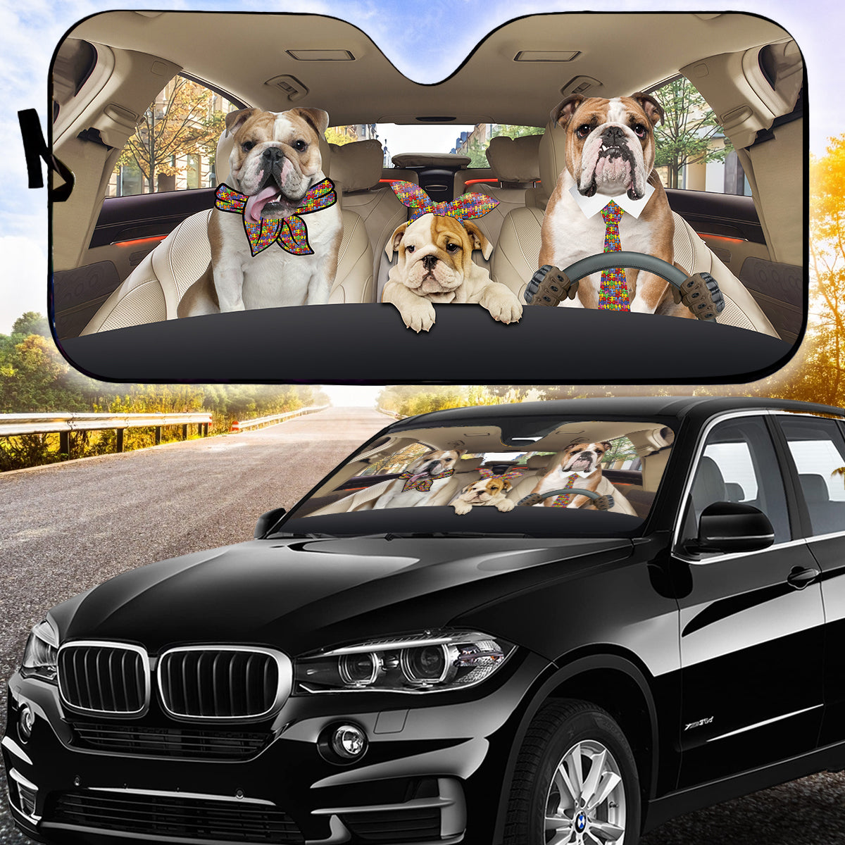 Petthouse | English Bulldog Driver Car Sun Shade Autism Awareness Car Sun Shade Windshield Car Decorations