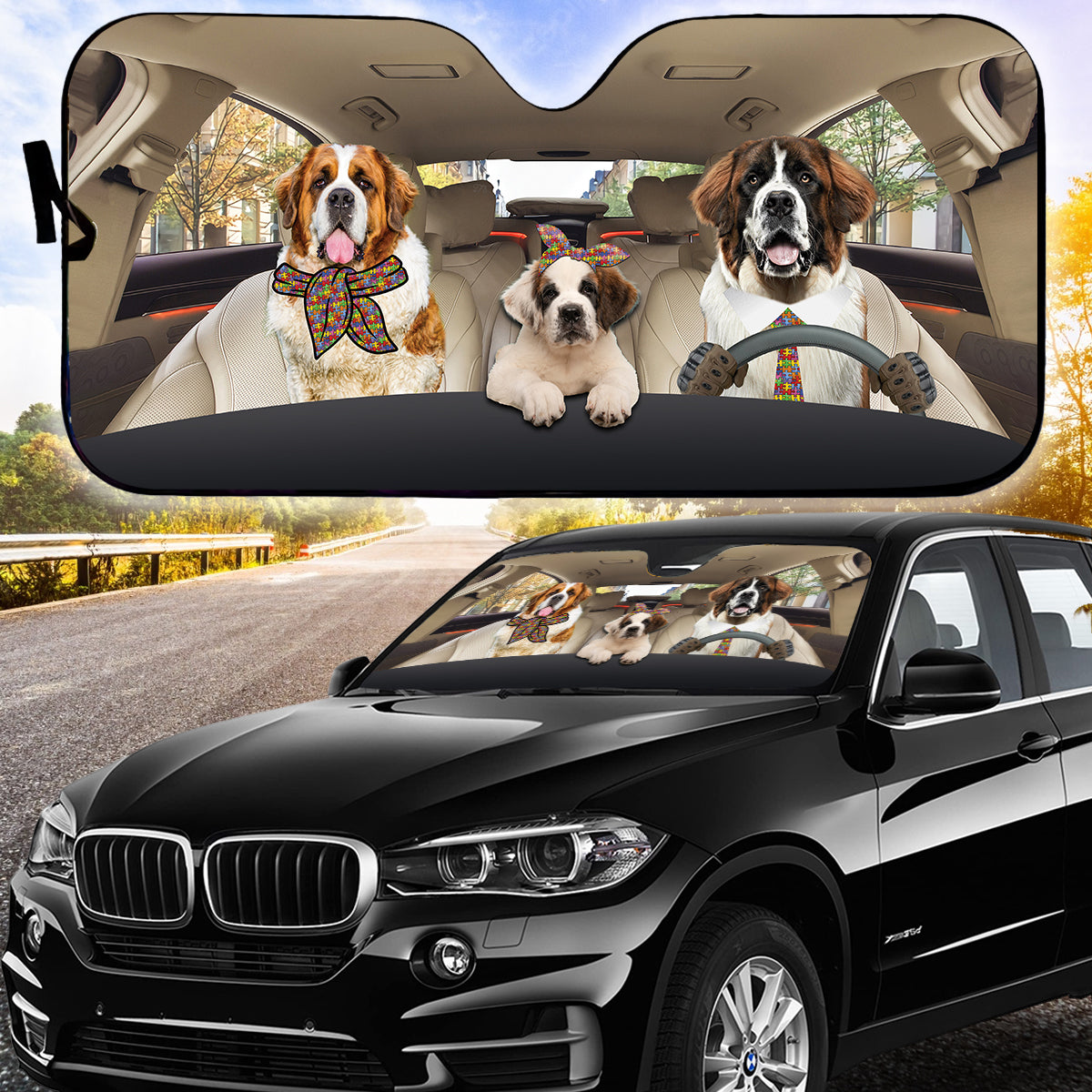 Petthouse | St Bernard Dog Car Windshield Sunshade Autism Awareness Sun Shade Car Windshield Car Decor