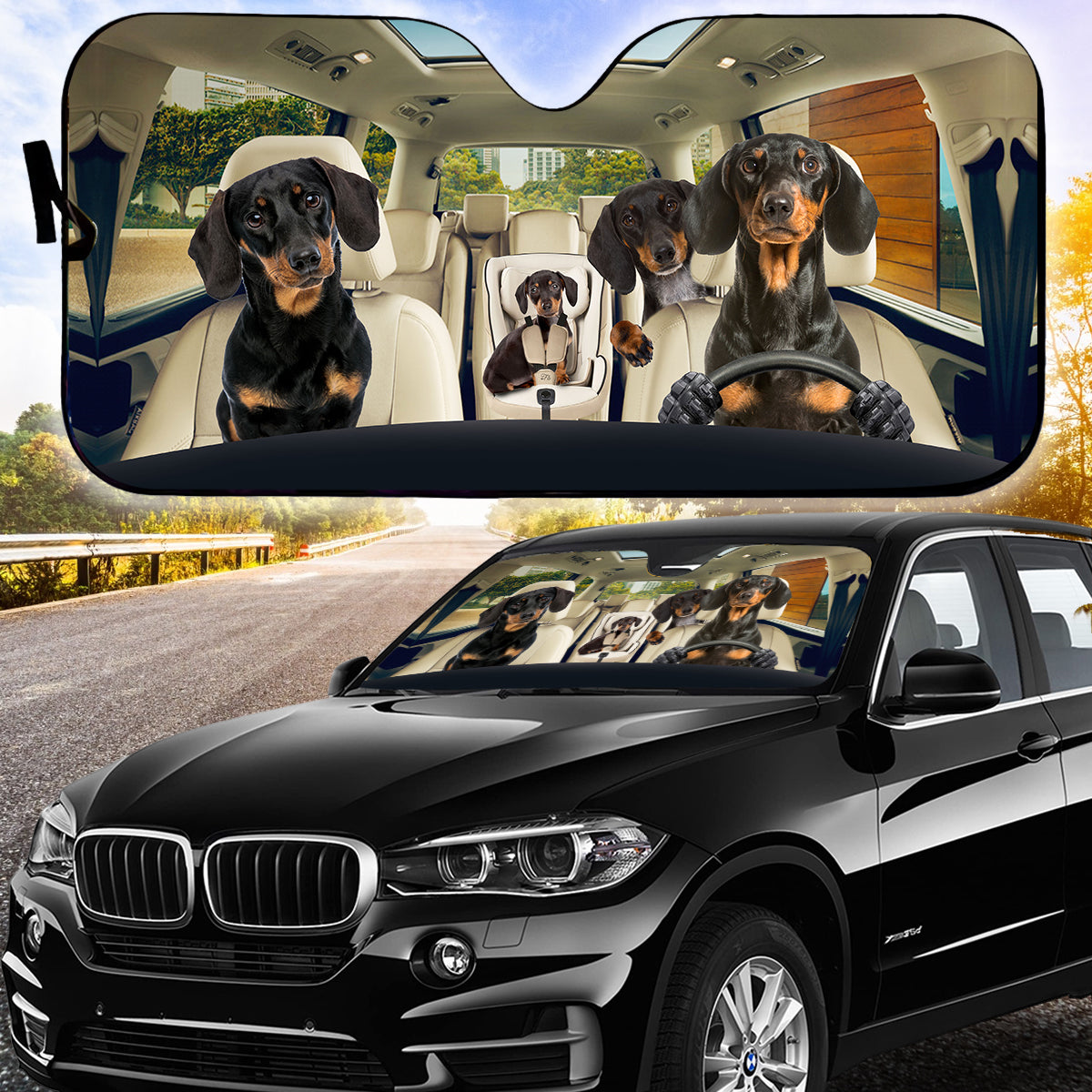 Petthouse | Black Dachshund Wiener Family Sunshade Dog Car Accessories Car Sun Visors For Windshield Dog