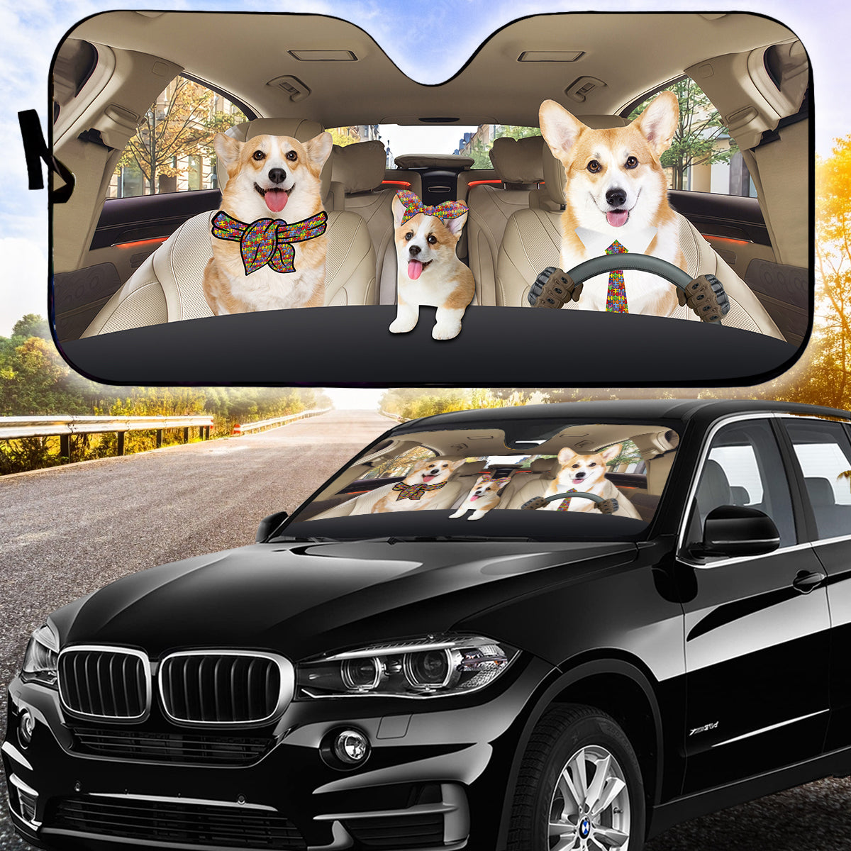 Petthouse | Autism Awareness Windshield Sun Shade Corgi Family Automotive Interior Sun Protection Autism