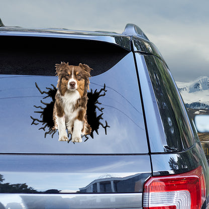 Petthouse | Brown Australian Shepherd Vinyl Decal Dog Peeking Out Crack Hole Sticker For Dog Lovers