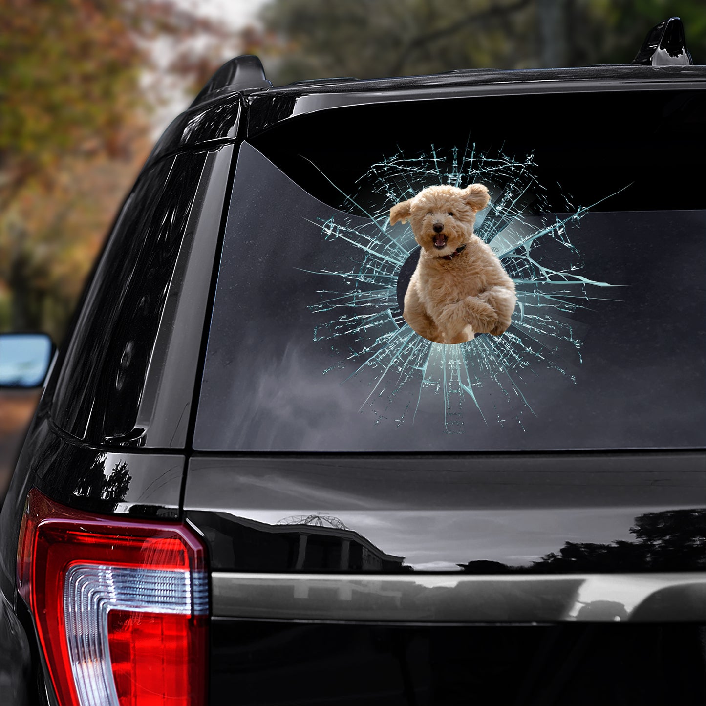 Petthouse | Funny Goldendoodle Dog Jumping Car Stickers Dog Running Cracked Glass Decal Fun Car Decoration