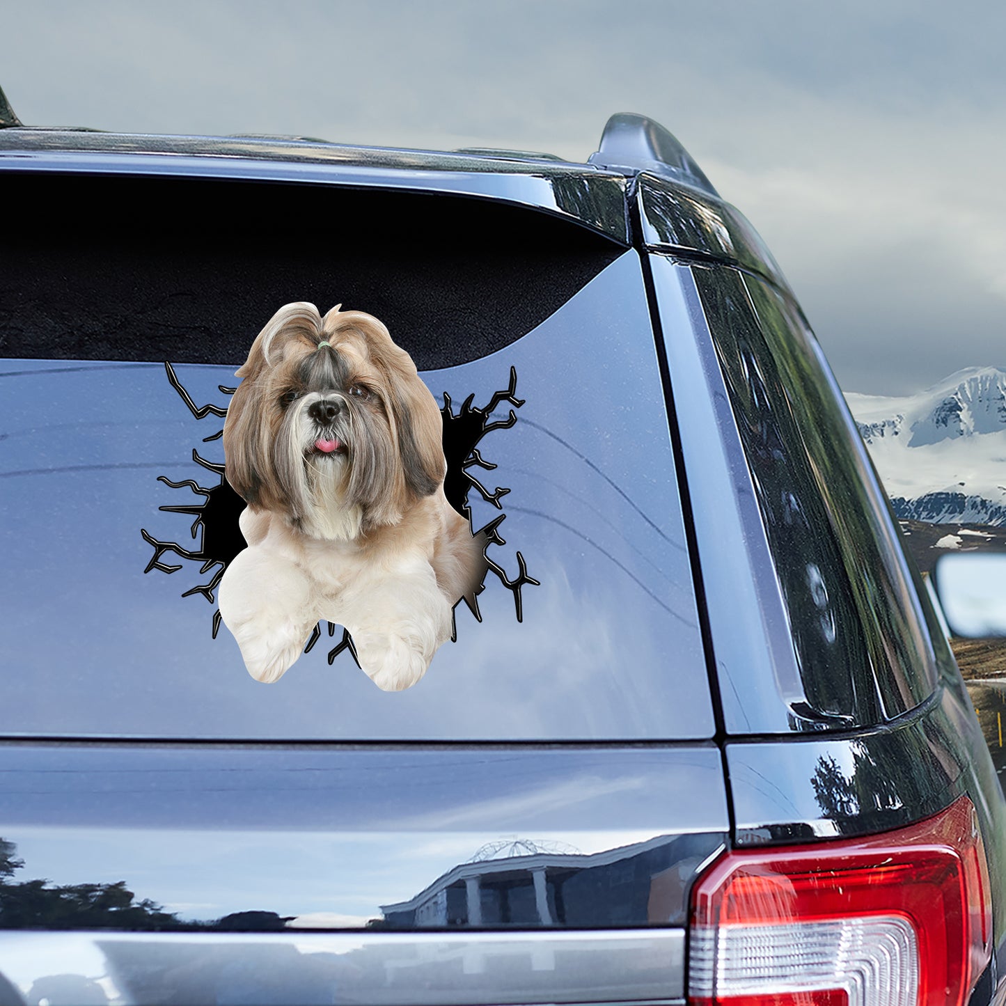 Petthouse | Long Coat Shih Tzu Vinyl Decal Dog Inside Big Crack Hole Print Sticker Fun Car Decor Peel