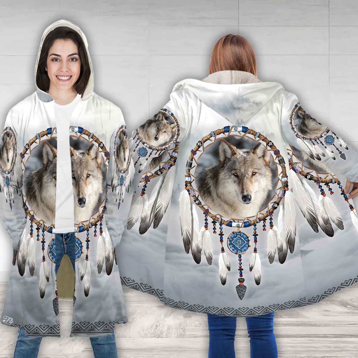 Petthouse | Wolf Face Art Printed Hooded Cloak, Dreamcatcher Wolf Wildlife Animal Christmas Gift