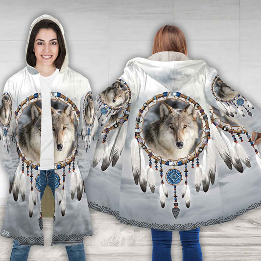 Petthouse | Wolf Face Art Printed Hooded Cloak, Dreamcatcher Wolf Wildlife Animal Christmas Gift