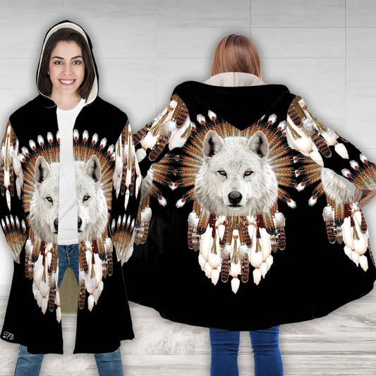 Petthouse | White Wolf Face Dreamcatcher Printed Hooded Cloak, Indian Native American Christmas Gift