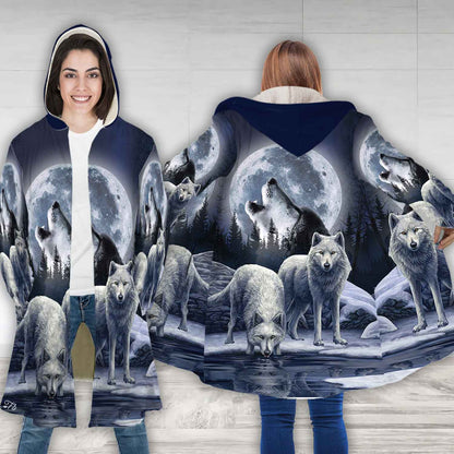 Petthouse | White Wolf Moon Forest Winter Printed Hooded Cloak, Wolf Animal Lovers Christmas Day Gift
