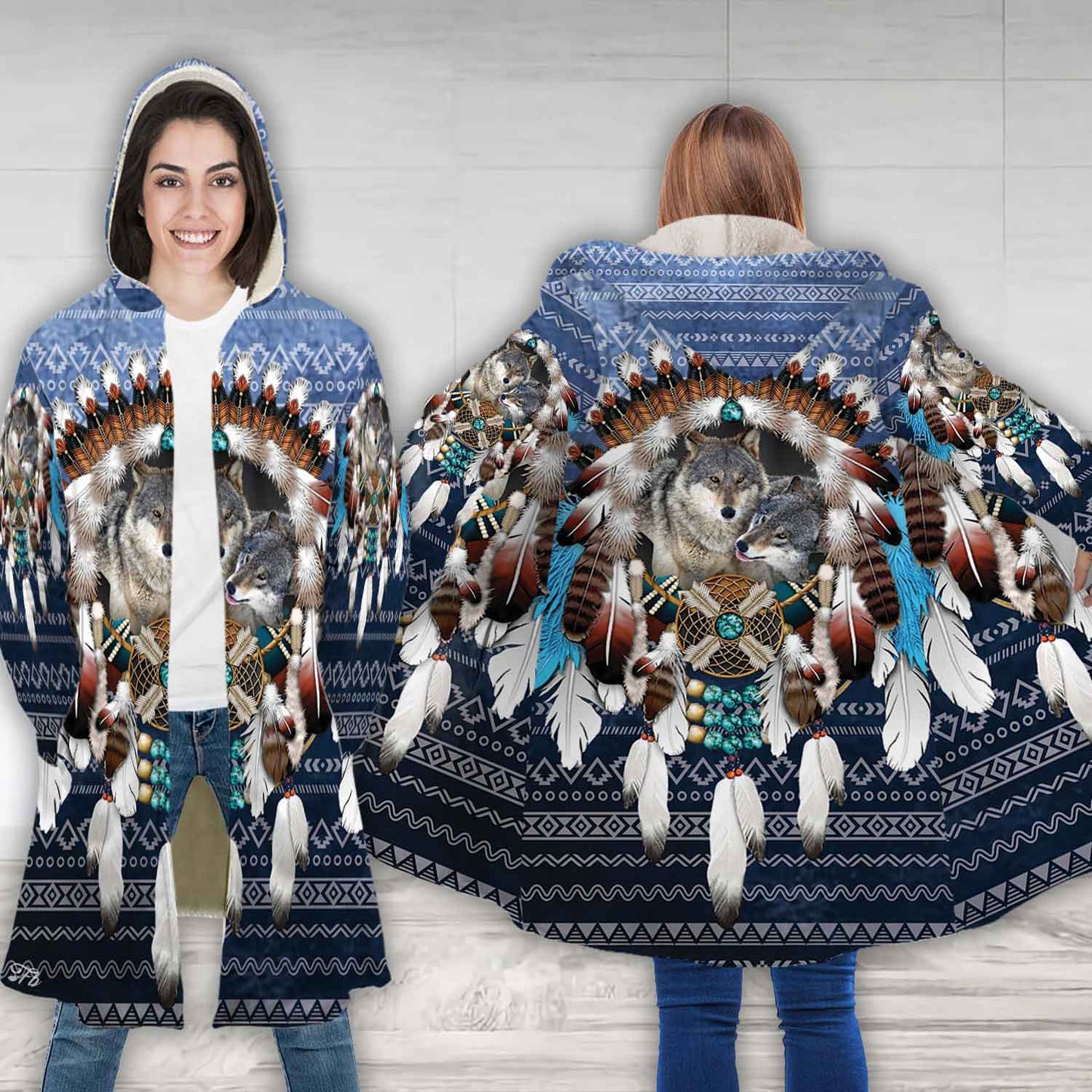Petthouse | Wolf Couple Husband Wife Dreamcatcher Hooded Cloak, Amerinds People Vintage Gifts Native