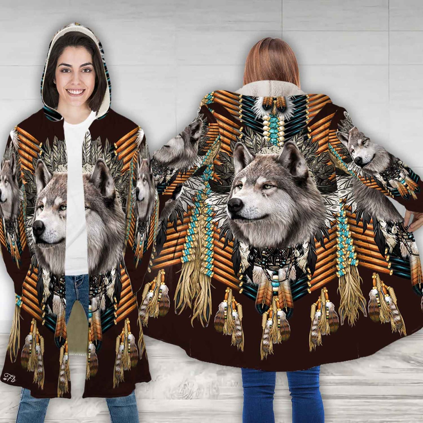 Petthouse | Wolf Face Printed Hooded Cloak, Native American Wolf Wildife Fans Christmas Day Gift