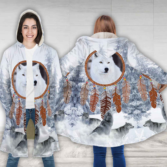 Petthouse | White Wolf Dreamcatcher Lovers Hooded Cloak, Winter Forest Indian Gift Idea