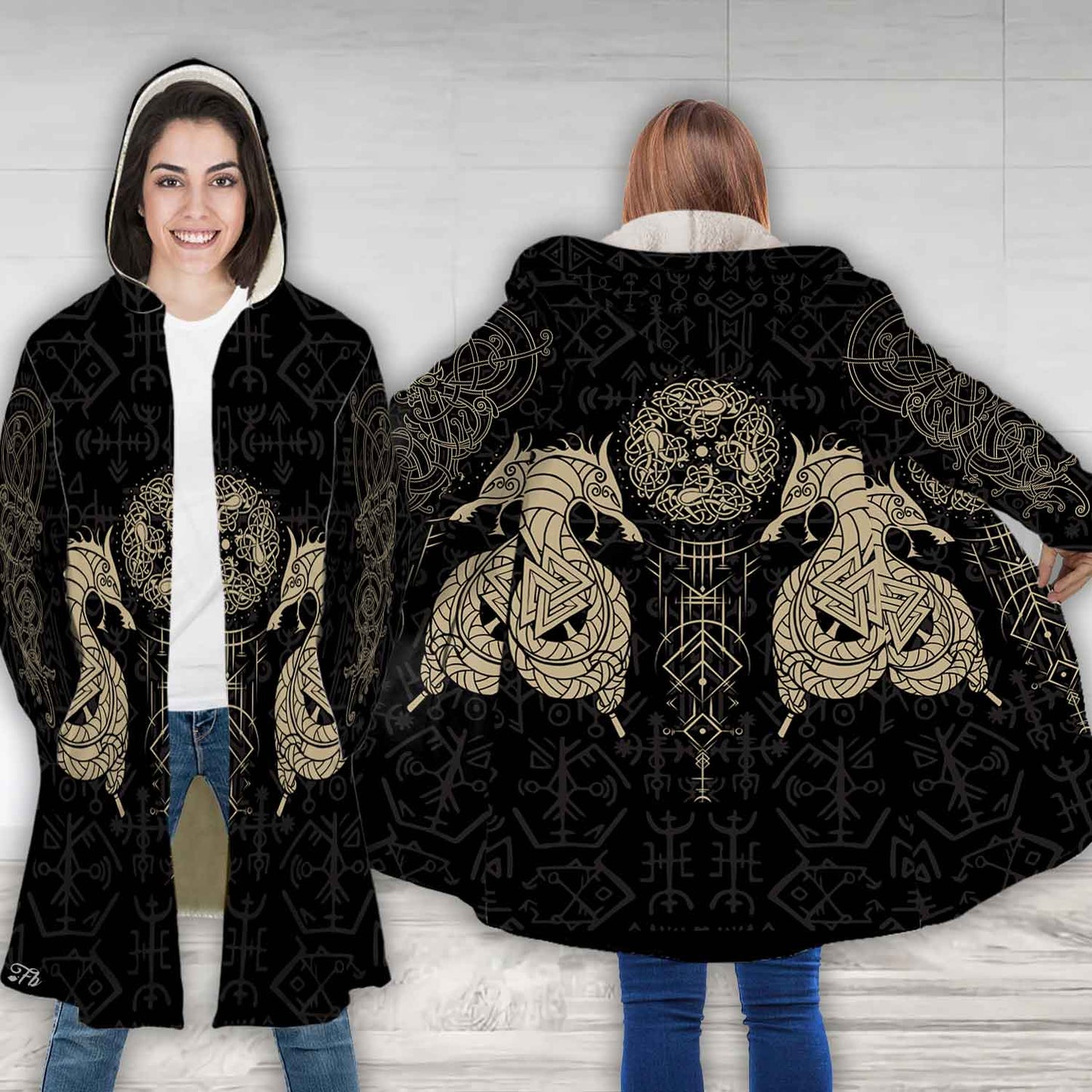 Petthouse | Viking Wolf Fenrir Hooded Cloak Viking Runes Pattern Cloak Coat Viking Odin Celtic Nordic