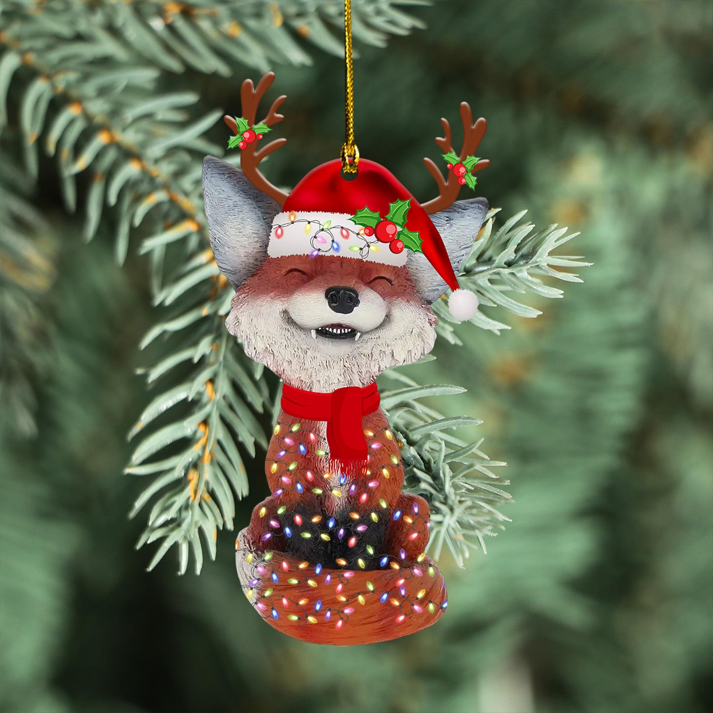 Petthouse | Fox Wear Santa Hat Car Decor, Fox In Reindeer Custom Car Hanging, Christmas Fox Lover