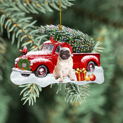 Petthouse | Pug Christmas Ornament, Pug Car Cardinal Ornament, Dog Christmas Snowy Ornament, Pug Mom