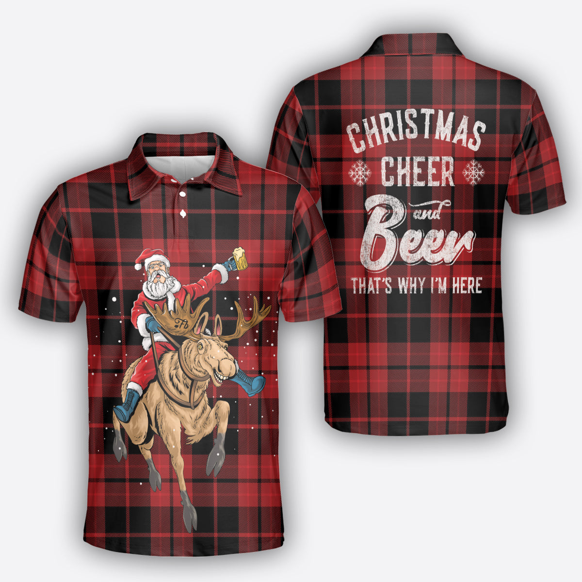 Petthouse | Santa Riding Reindeer Polo Shirt Christmas Cheer And Beer Polo Shirt Tartan Plaid