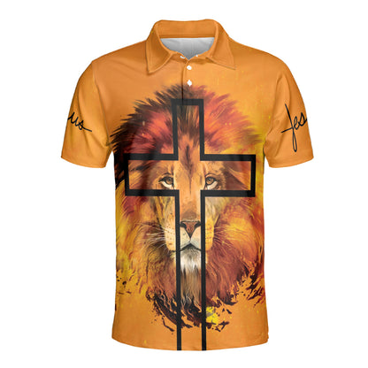 Petthouse | Yellow Lion Face Art Printed Polo For Men Christian Jesus Cross Art Summer Holiday Gift