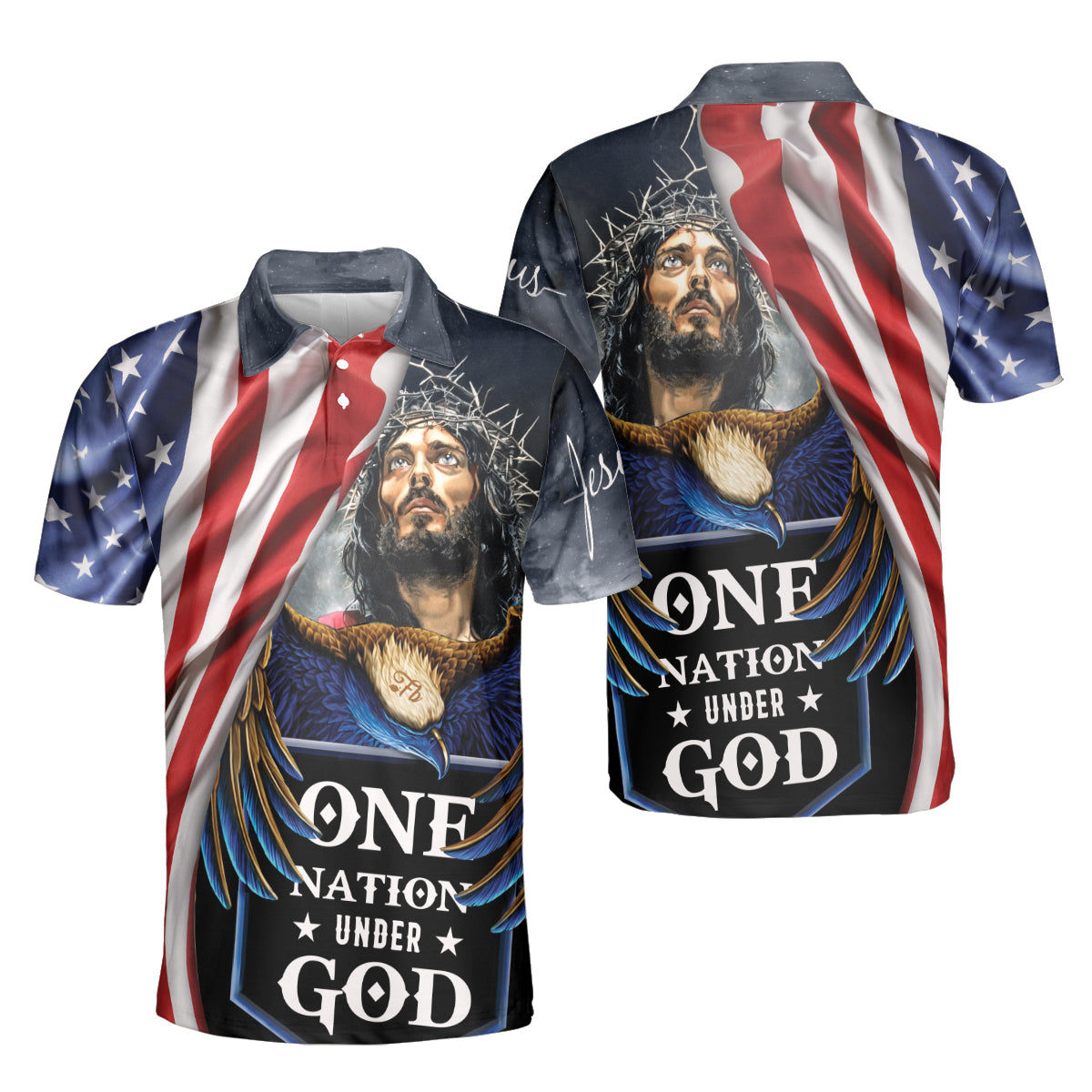 Petthouse | Jesus Christ Polo Shirt Jesus American Flag One Nation Under God Unisex Polo Shirt