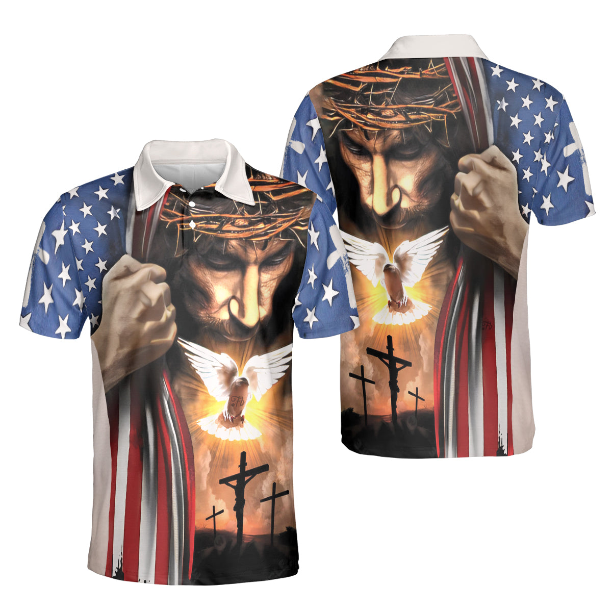 Petthouse | Jesus Christian Dove American Flag Polo Shirt The Holy Cross Sport Shirt Religious Gift Dad Gift