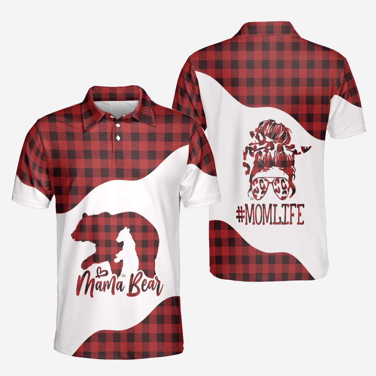 Petthouse | Mama Bear Polo Shirt Life Mom Polo Shirt Red Caro Pattern Polo Shirt Mother's Day Best Gift