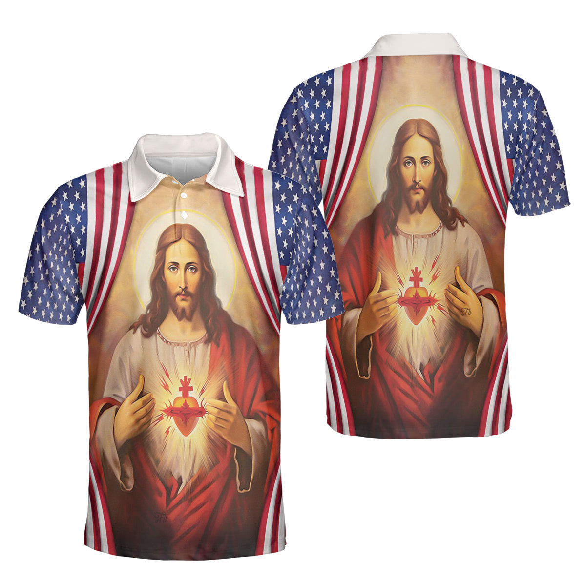 Petthouse | Sacred Heart Jesus American Flag Polo Shirt Jesus Christian Sport Shirt Religious Gift Patriot Gift