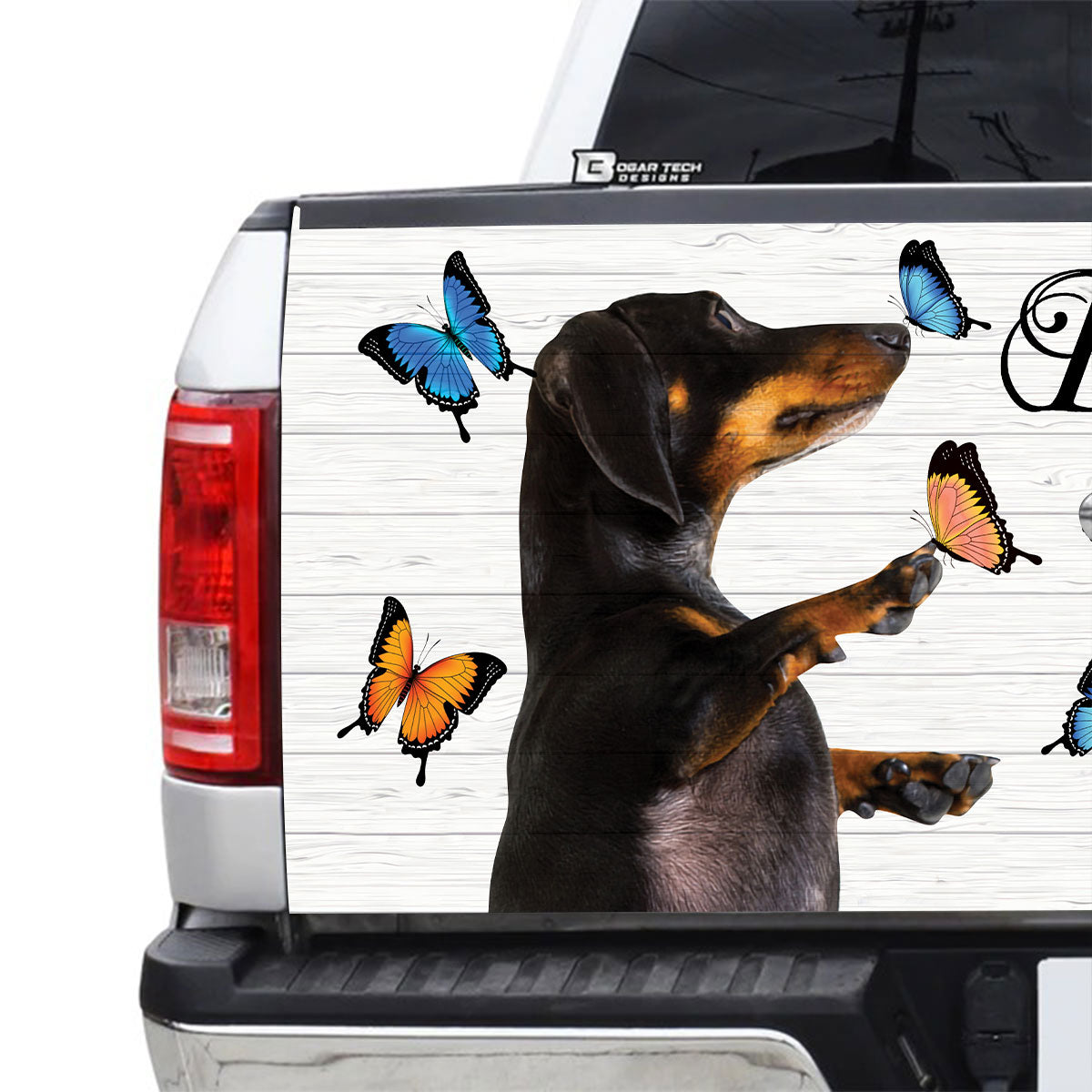 Petthouse | Dachshund With Butterflies Truck Tailgate Wrap Playful Dog Tailgate Mural For Christian Dog Mom Dad