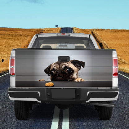 Petthouse | Cute Sad Pug Looks At Cookie Tailgate Wrap Decal Pug And Cookie Truck Tailgate Sticker