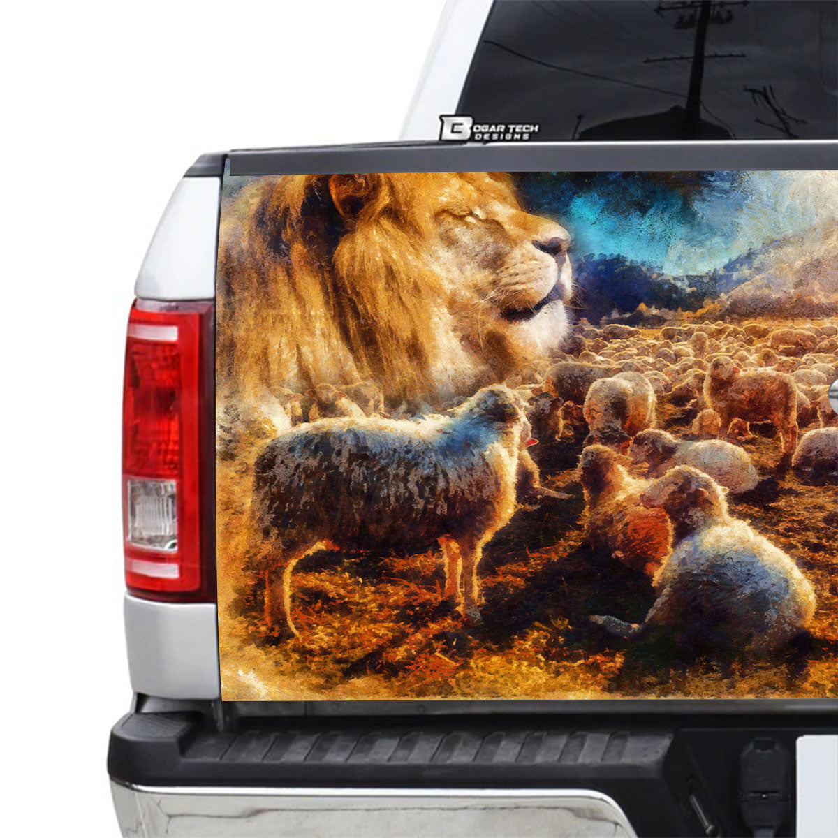 Petthouse | Lion And Lamb Tailgate Wrap, Jesus Lion Tailgate Wrap, Sheep Farm Tailgate Wrap