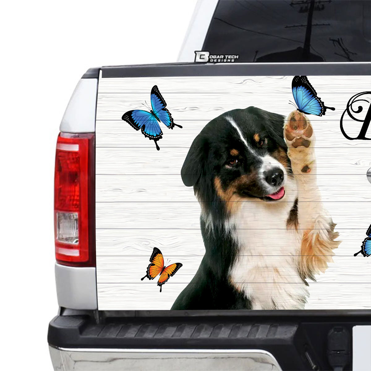 Petthouse | Bernese Mountain Puppy Tailgate Mural Playful Dog Butterflies Graphic Wraps God Bible Verse