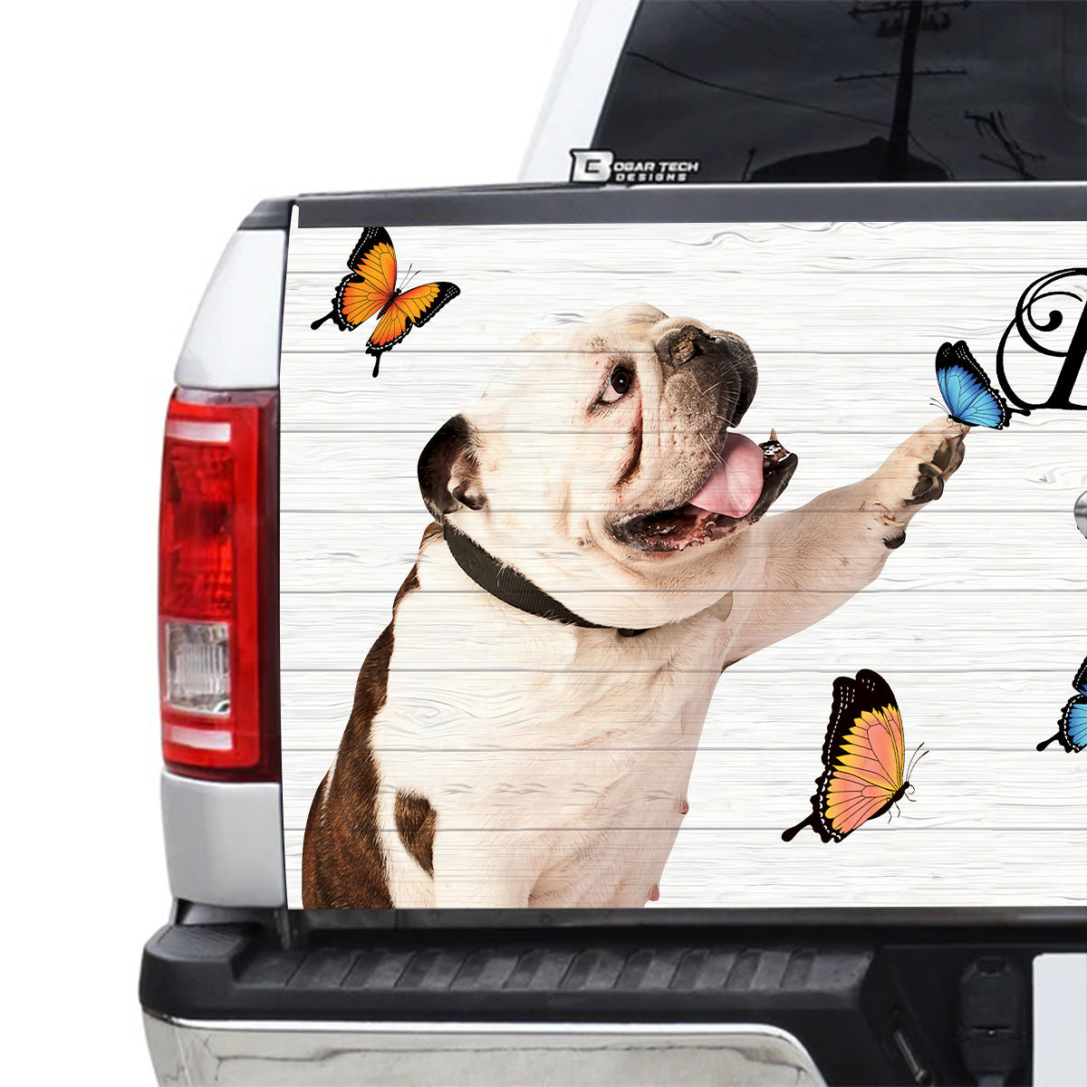 Petthouse | English Bulldog Tailgate Vinyl Graphic Wrap Dog Play With Butterflies Truck Wraps God Bible