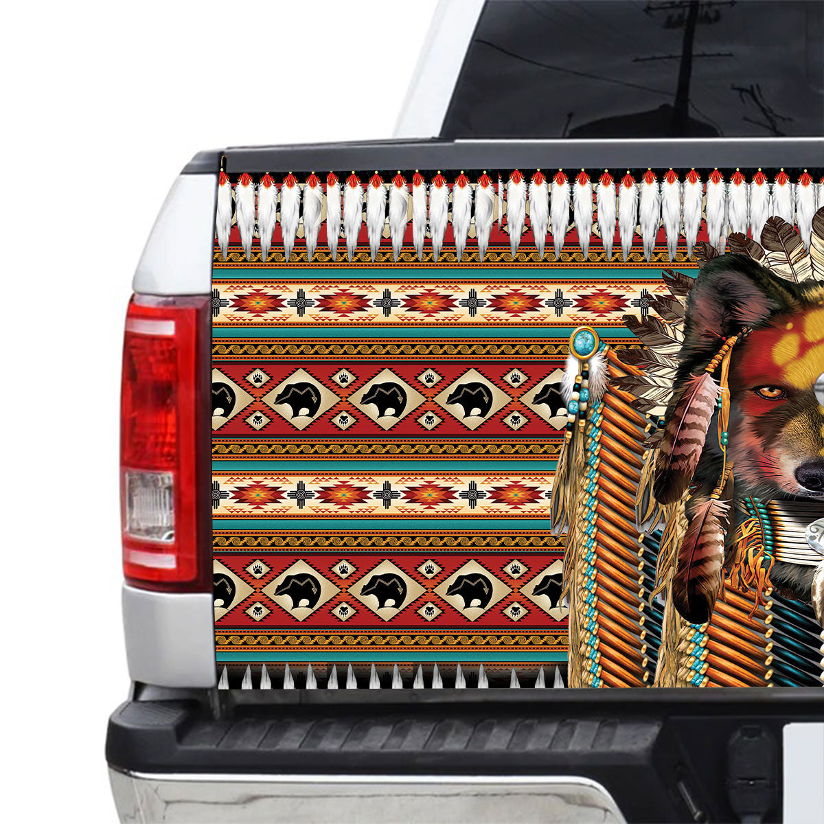 Petthouse | Tribal Wolf Tailgate Wrap Native American Pattern Tailgate Cover Native Style Cover Car Decoration